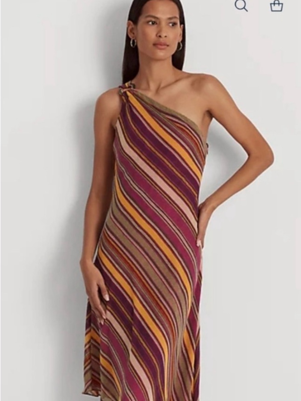 Ralph Lauren One-Shoulder Striped Midi Dress in Burgundy, Mustard and Olive